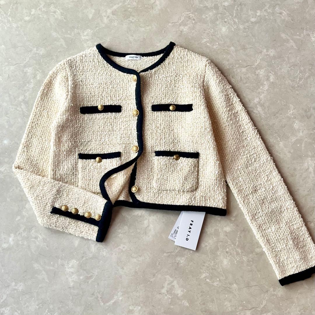 未使用美品☆フレイアイディー ミックスツイードニットカーディガン F アイボリー