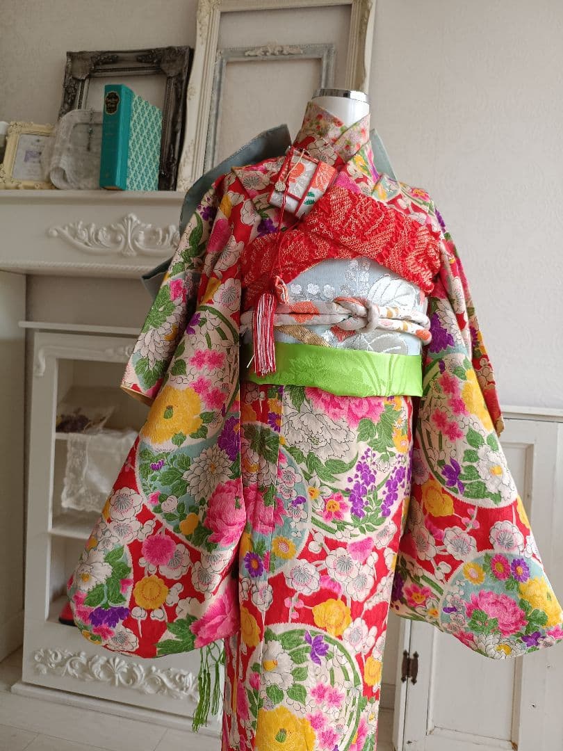 アンティークカラフル模様の着物と作り帯☆七五三セット