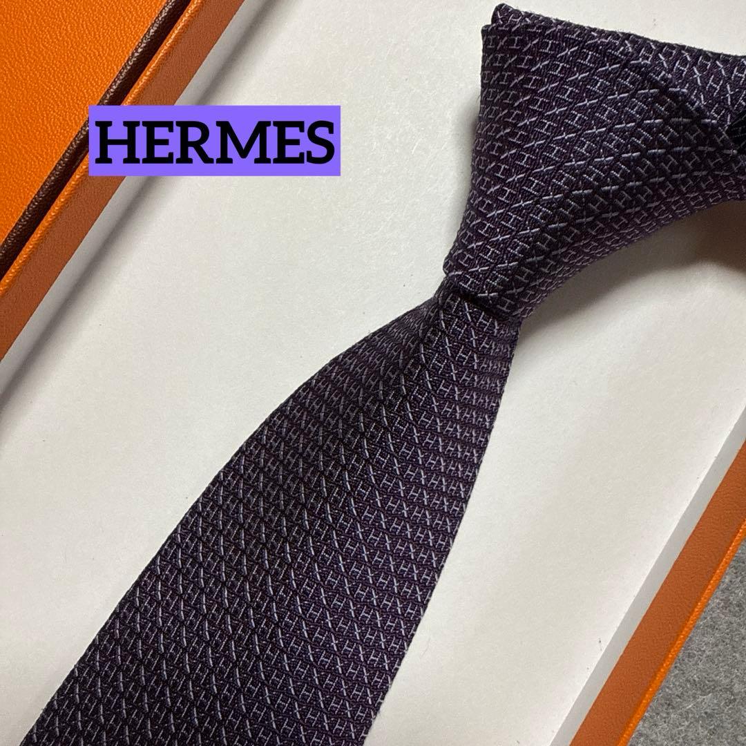 エルメス　ネクタイ　紫色　H柄 シルクジャガード