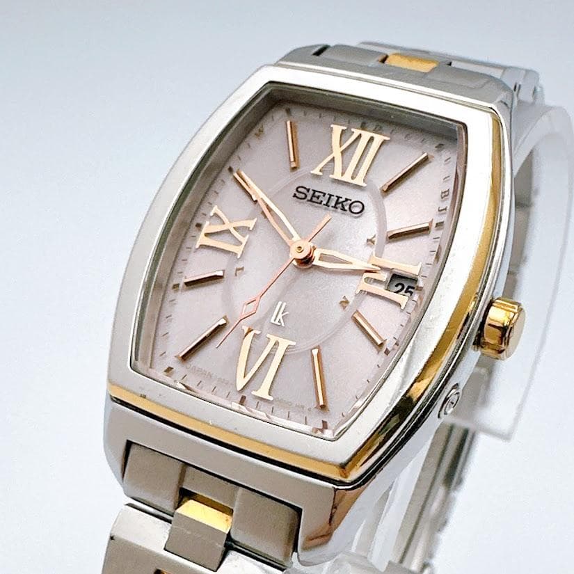 美品 セイコー ルキア ソーラー電波 レディース腕時計 ピンク文字盤 トノー型