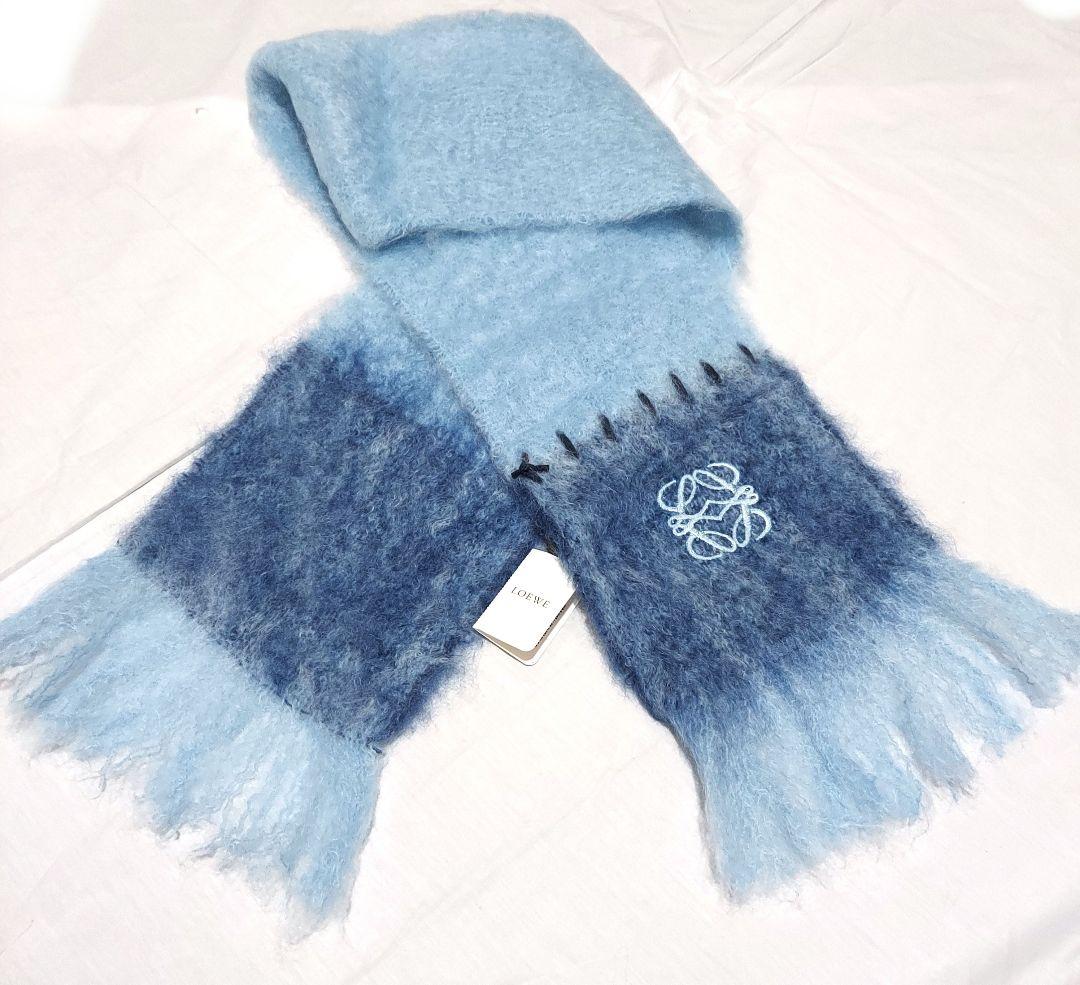 【未使用タグ付】LOEWE ロエベ モヘアマフラー / アナグラム /刺繍ブルー