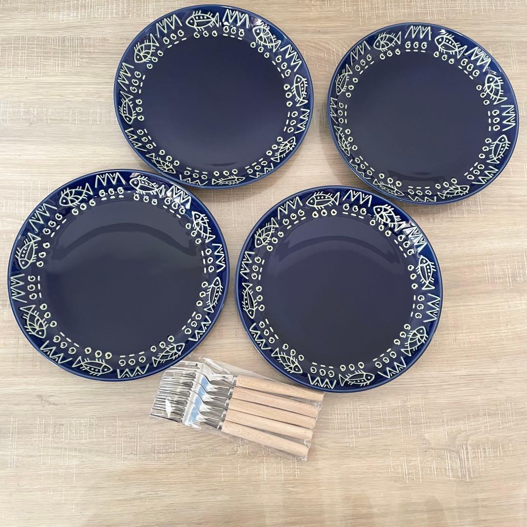 ★美品★ ミッチャム 藤井風　パスタ皿4枚　おまけ付 アラビアンブルー 魚柄