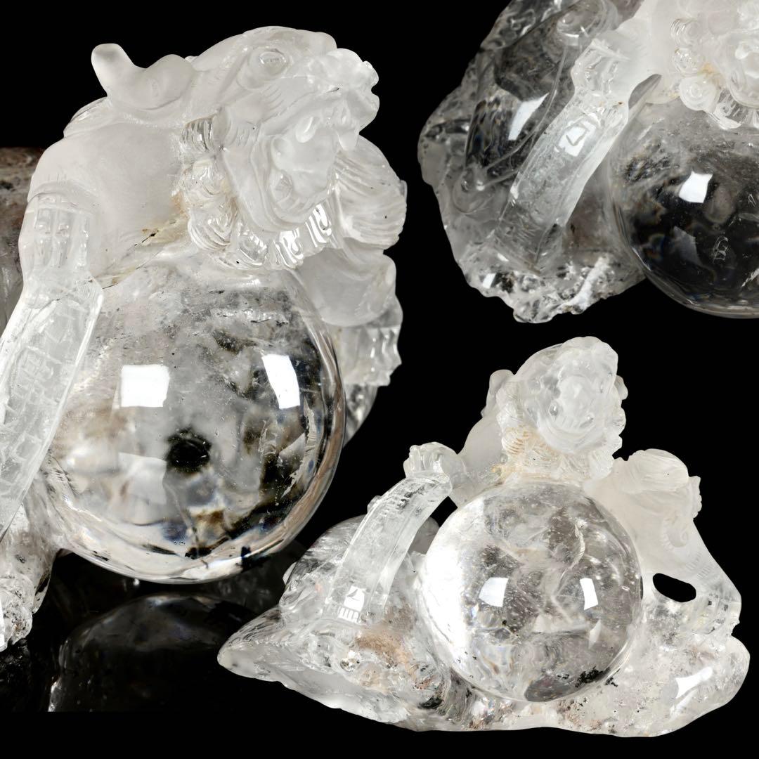 中国美術 水晶玉乗獅子 万事如意刻印 置物 老水晶彫 古水晶 唐物 古美術 骨董