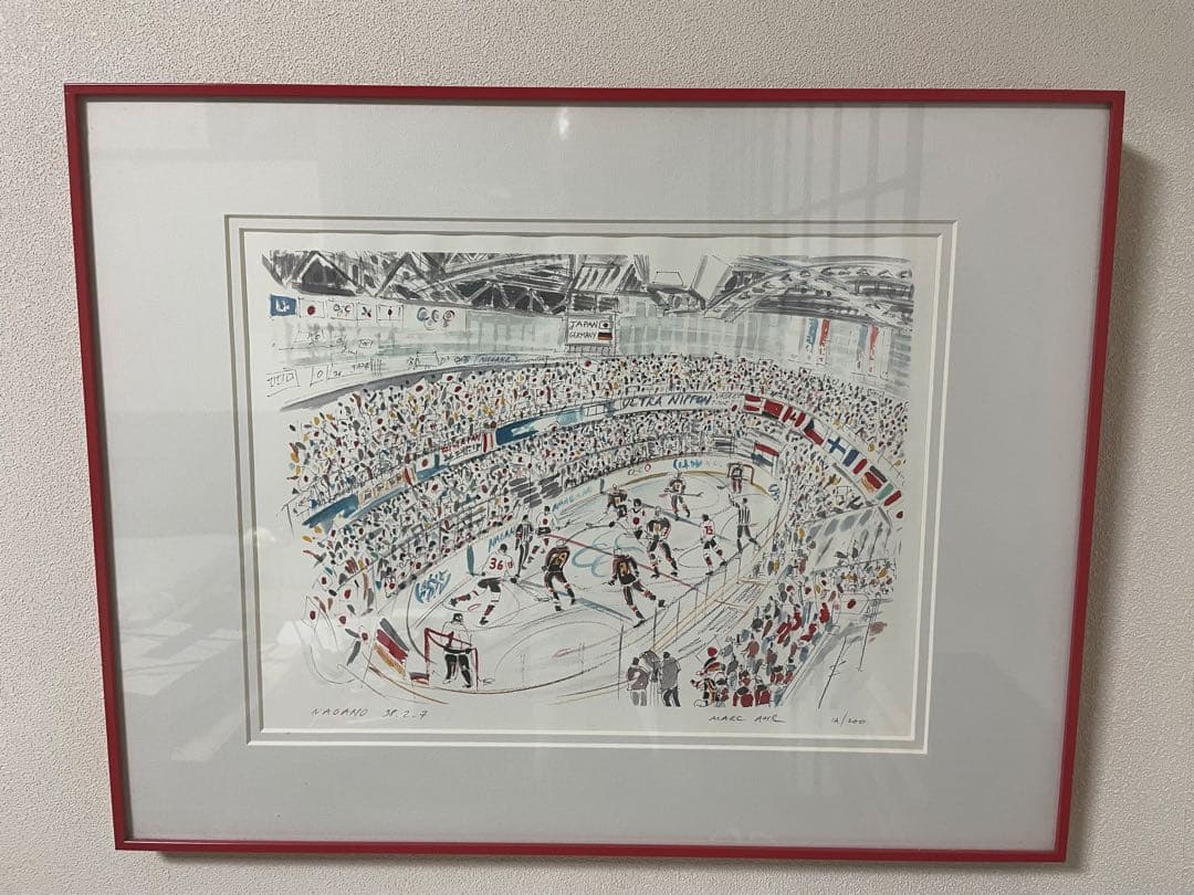 超希少 画家 MARC AHRが描く 長野五輪 アイスホッケー試合 日本対ドイツ