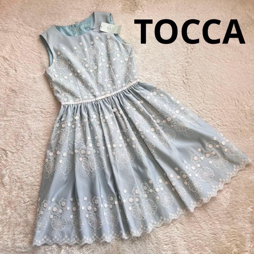 新品タグ付 TOCCA 花柄 刺繍 ワンピース ドレス ブルー 160