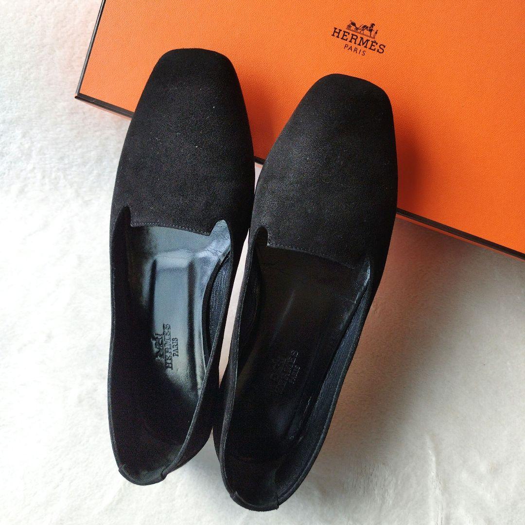 HERMÈS ブラック フラットシューズ 35　箱　　パンプス　スウェード