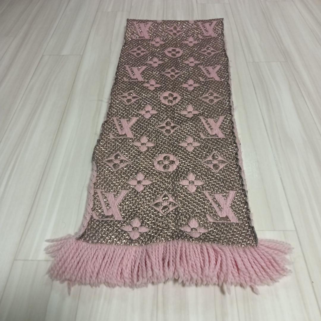 LOUIS VUITTON ピンク ブラウン ロゴ入り マフラー フリンジ付き