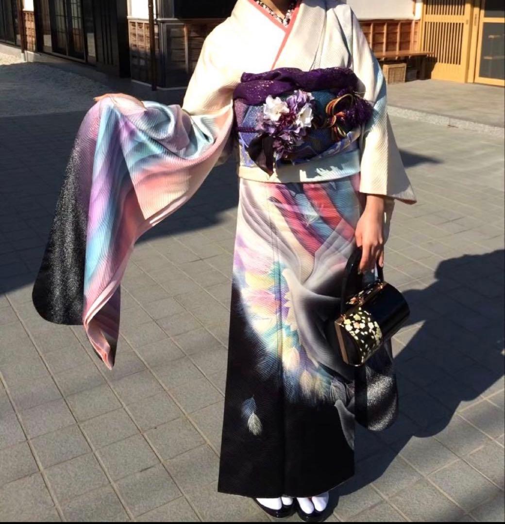 【成人式 振袖 フルセット】正絹 孔雀 秋山庄太郎デザイン