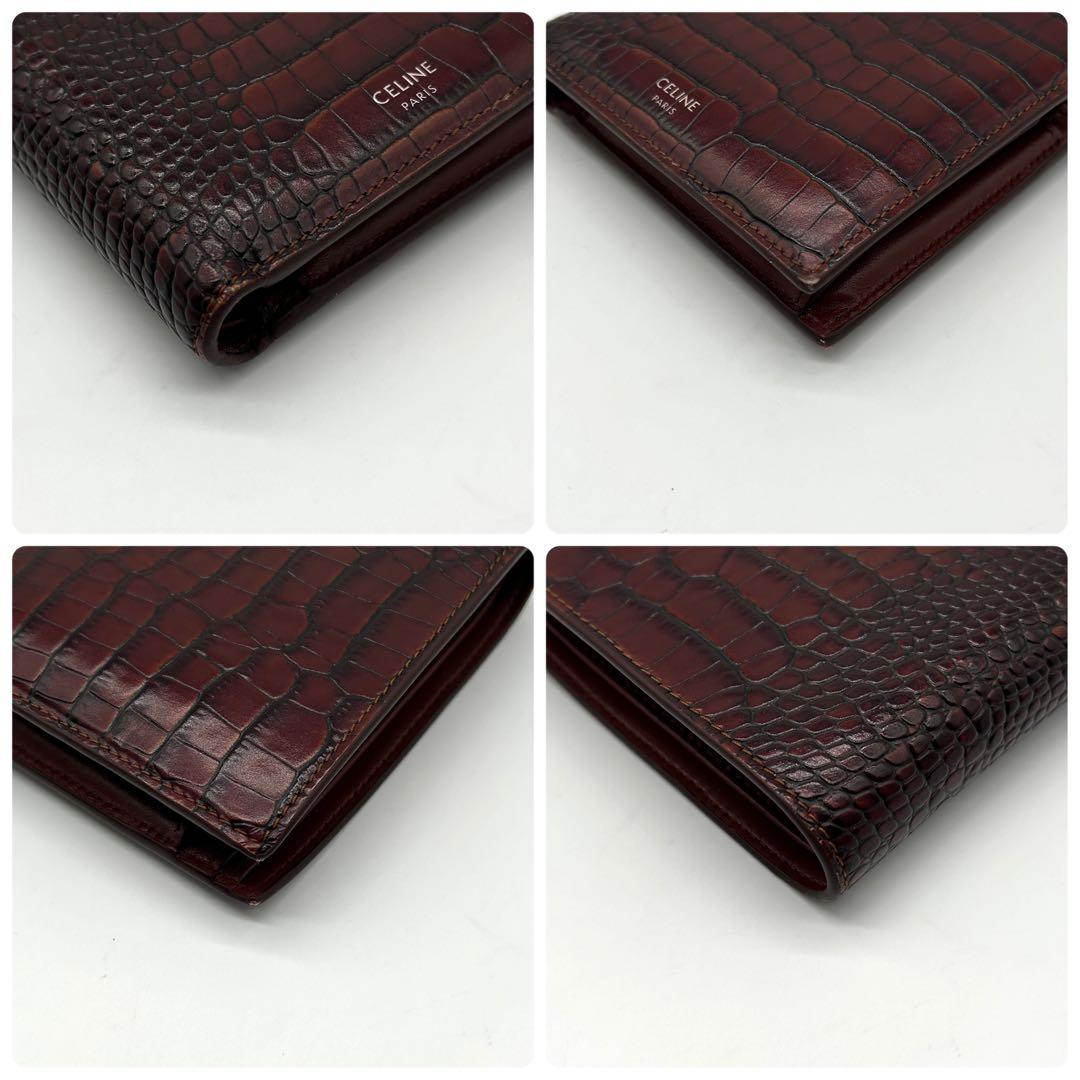美品 CELINE 二つ折り財布 クロコ レザー ロゴ ブラウン バイフォールド