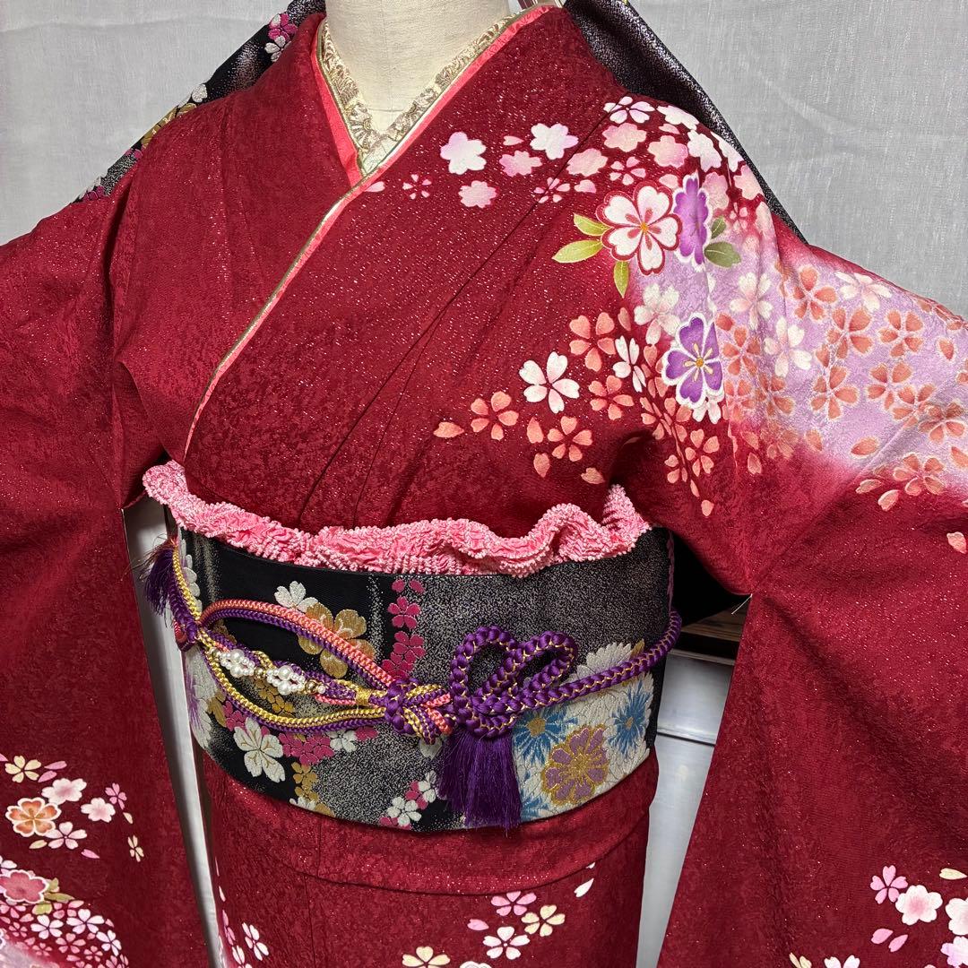 【振袖フルセット】+小物セット 豪華百花文様 深紅 銀糸 7点セット