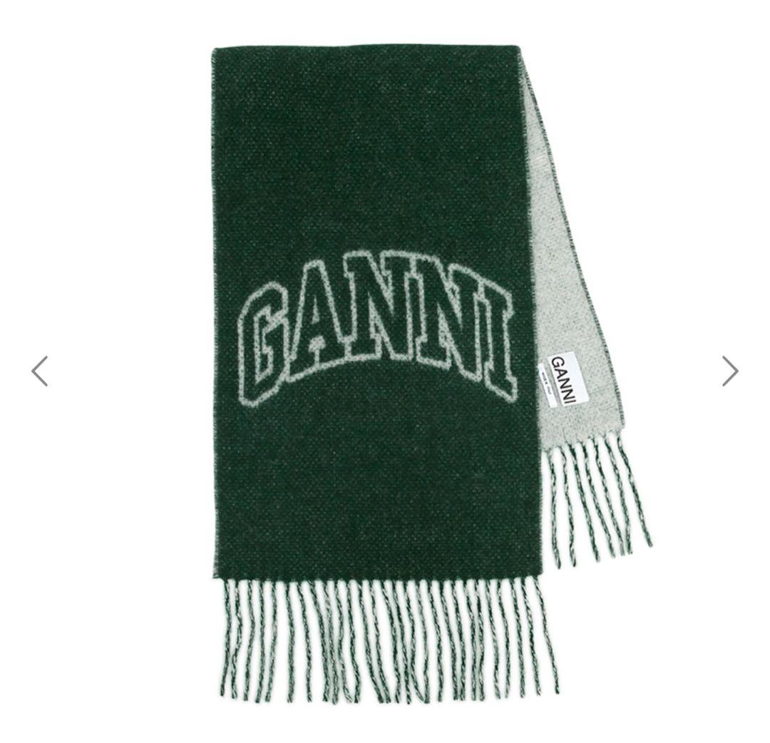 GANNI ロゴ入りマフラー ダークグリーン
