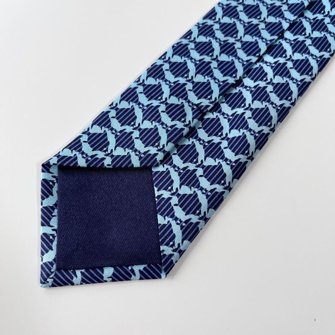 美品 HERMES エルメス ネクタイ シルク100% ブルー フィッシュ柄